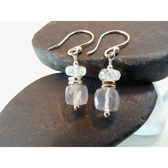 Natural Rose Quartz Rainbow Moonstone Karen Hill Tribe Fine Silver Earrings OOAK - Picture 4 of 5